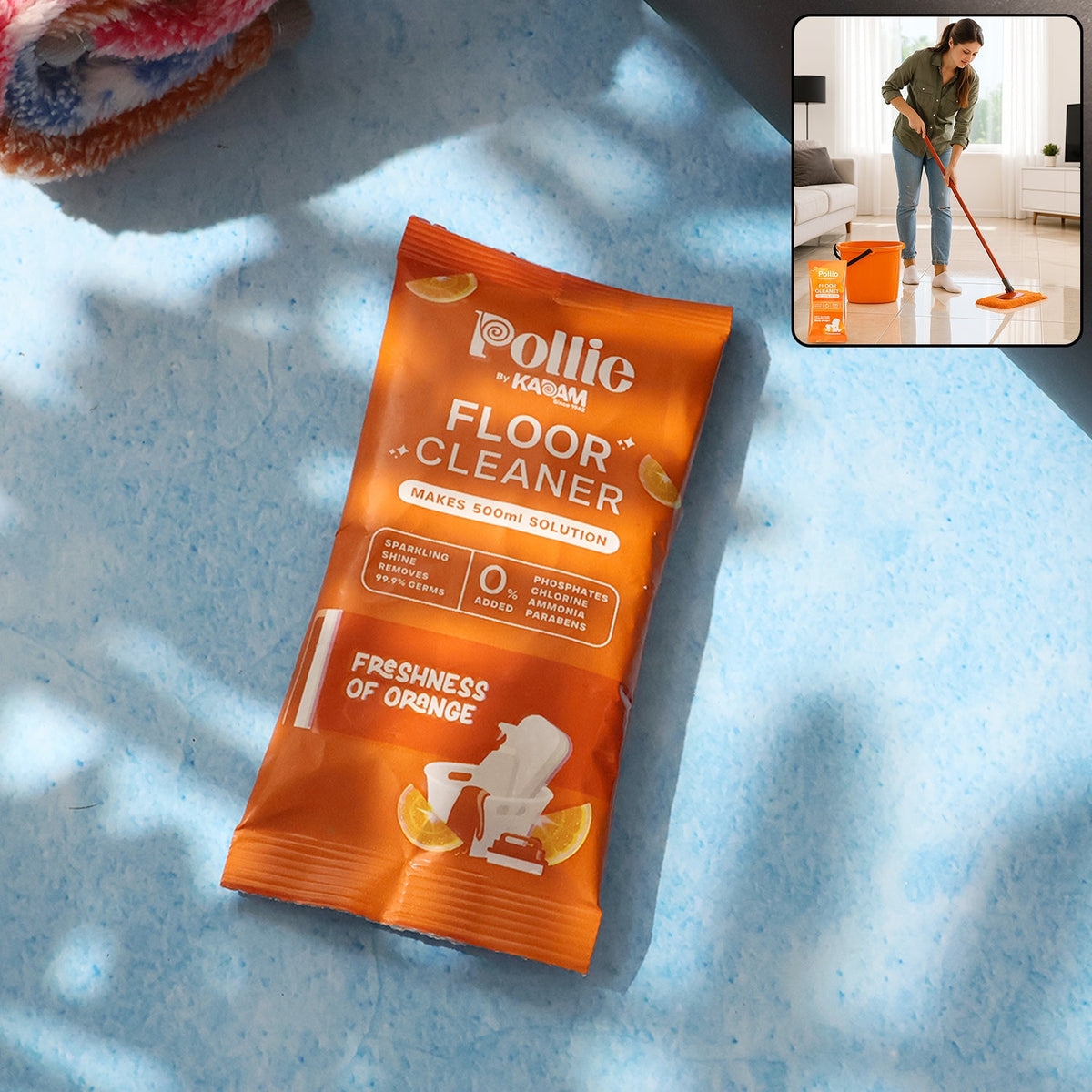 Concentrated floor cleaner sachet with orange fresh fragrance dissolving in water Main image