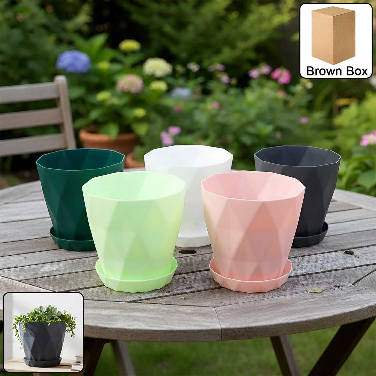 Set of diamond design plastic flower pots with drain trays for indoor gardening Main image