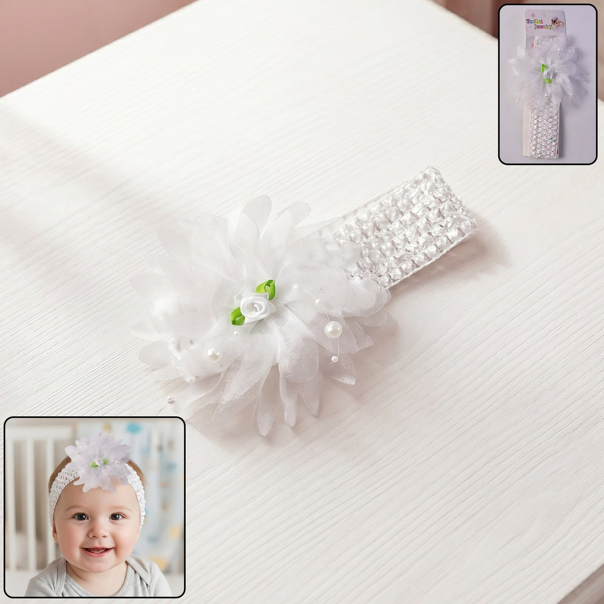 Beautiful floral baby headband for girls, soft elastic for comfortable fit Main image