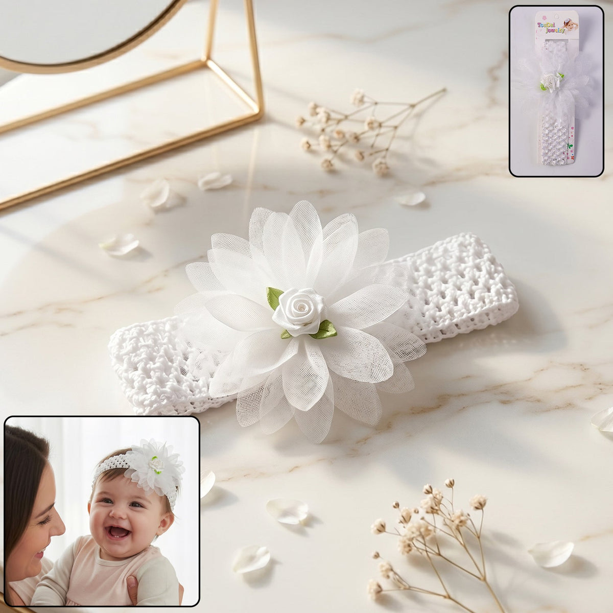 Beautiful floral baby headband with elastic fabric and stylish bow design Main image