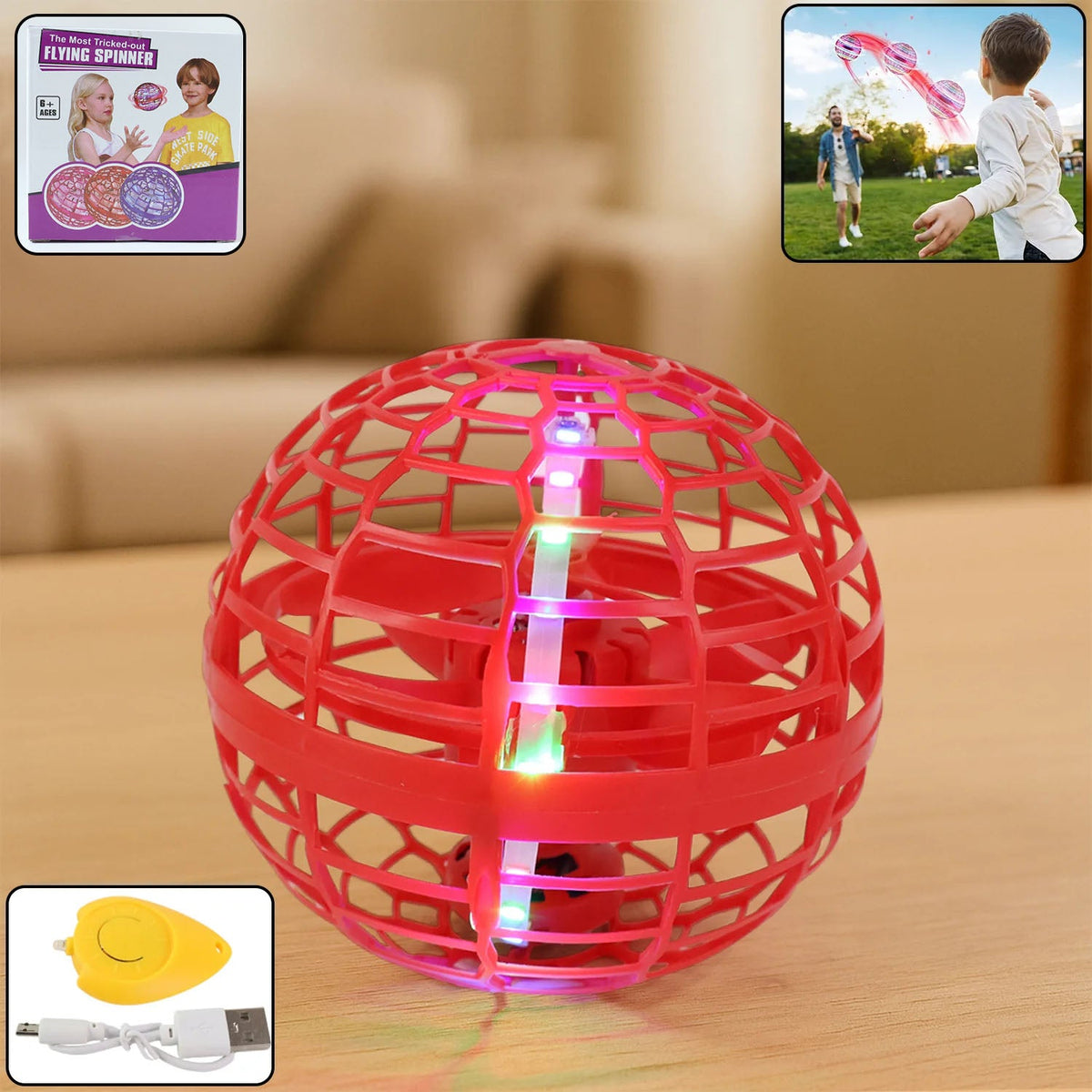Flying Ball Toy with active RGB lights in a dynamic pose, ready for play. Main image