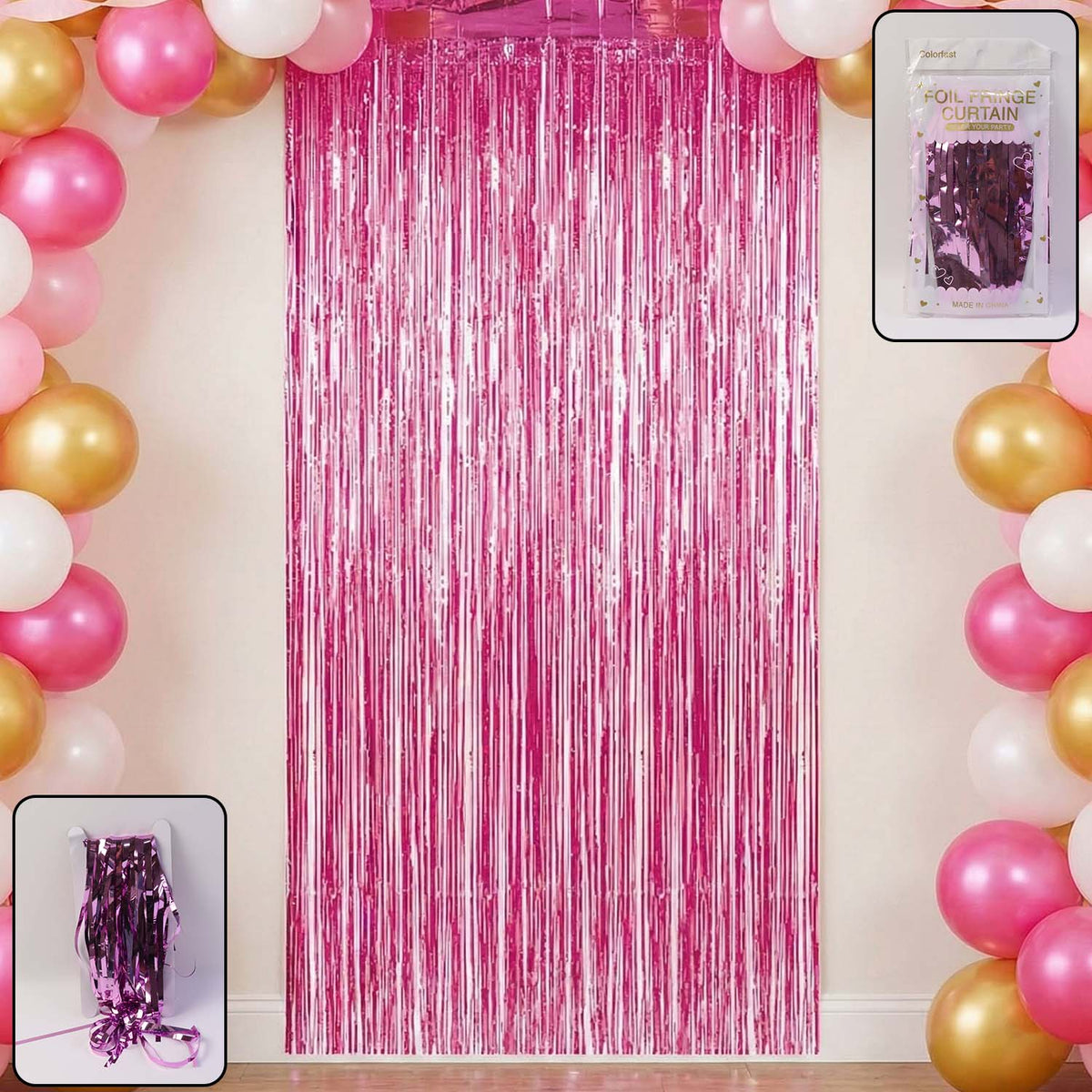 Shiny foil fringe curtain hanging from a doorway creating a metallic shimmer party backdrop. Main image
