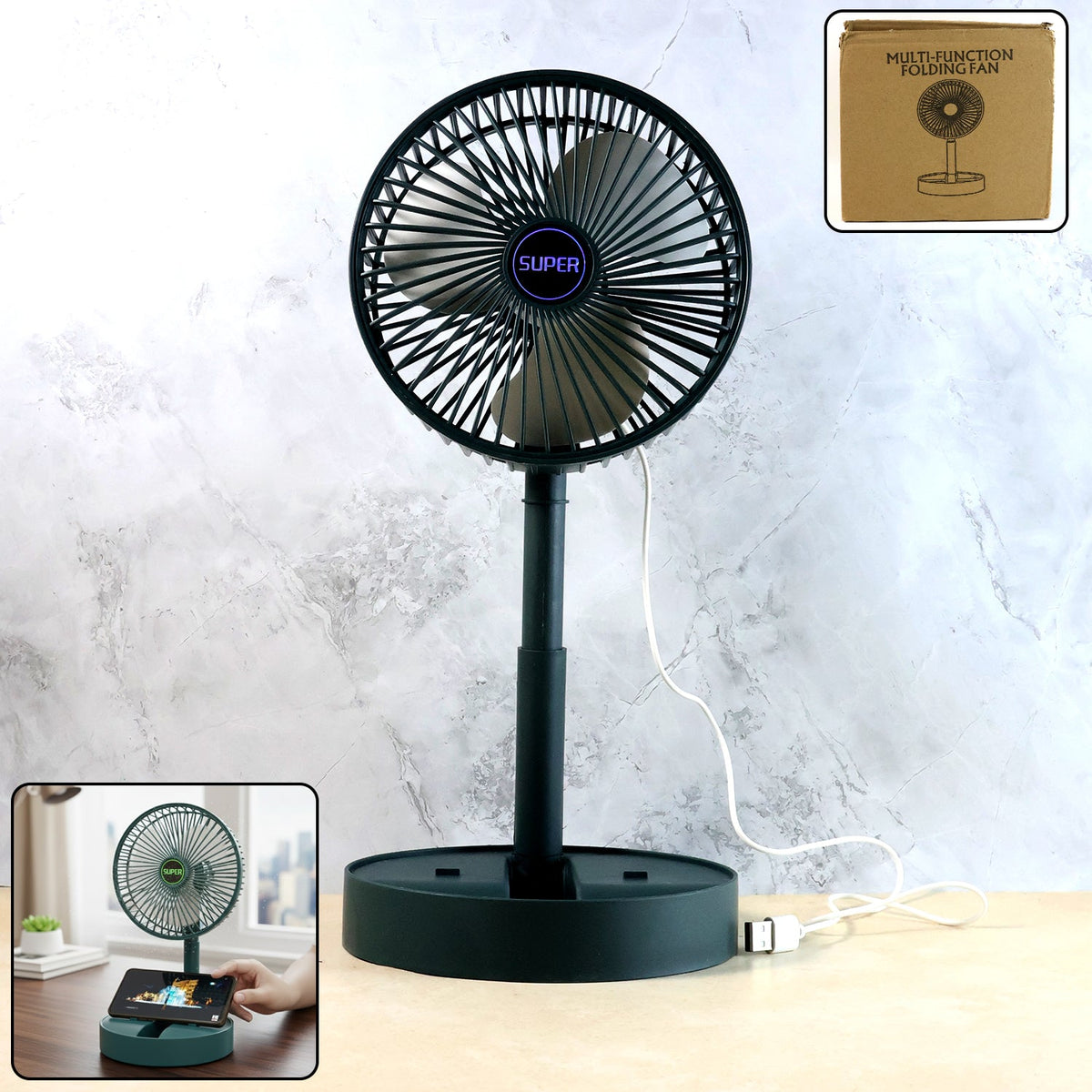 Compact USB folding desk fan with adjustable speed on table Main image