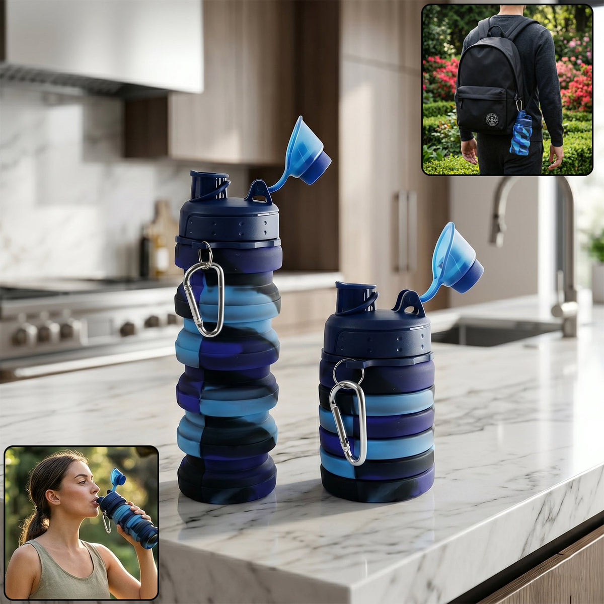 Collapsible silicone water bottle expanded showing 500ml capacity with colorful design Main image