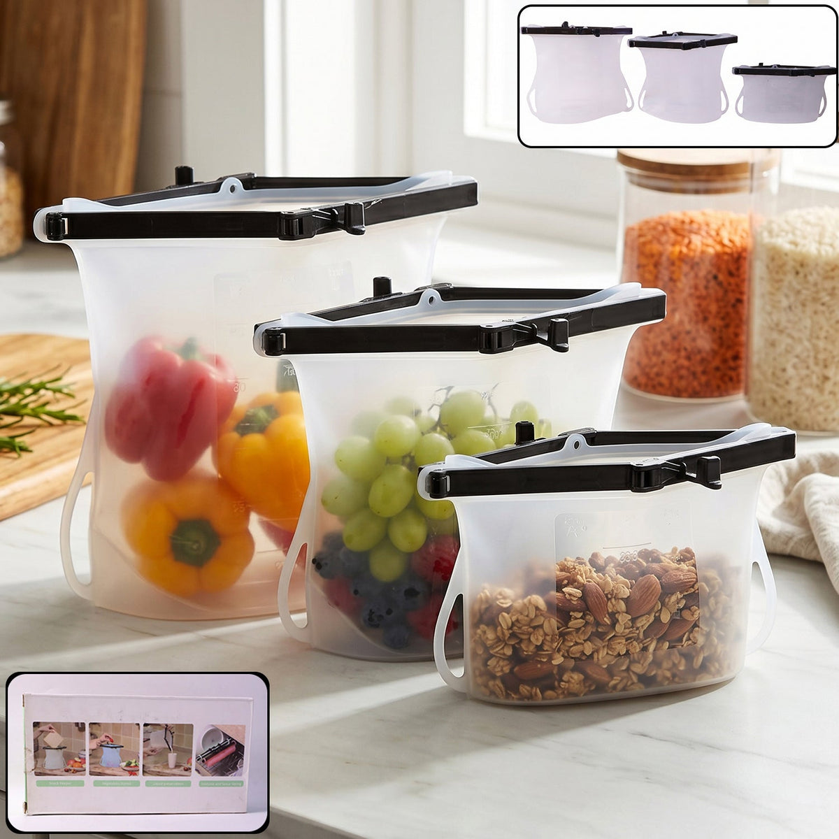 Set of three colorful reusable silicone food bags with zip seals. Main image