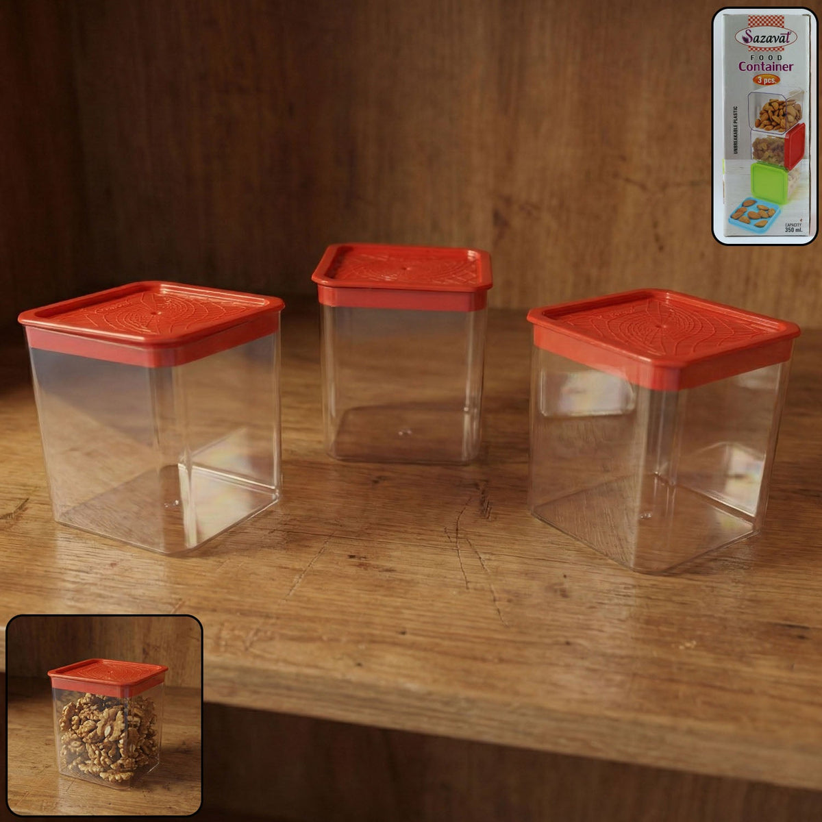 Airtight food storage container set with three transparent containers and secure lids Main image
