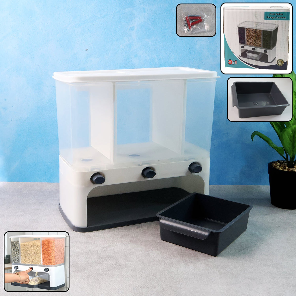 Wall-mounted 3-in-1 cereal dispenser with clear compartments, shown full of grains. Main image