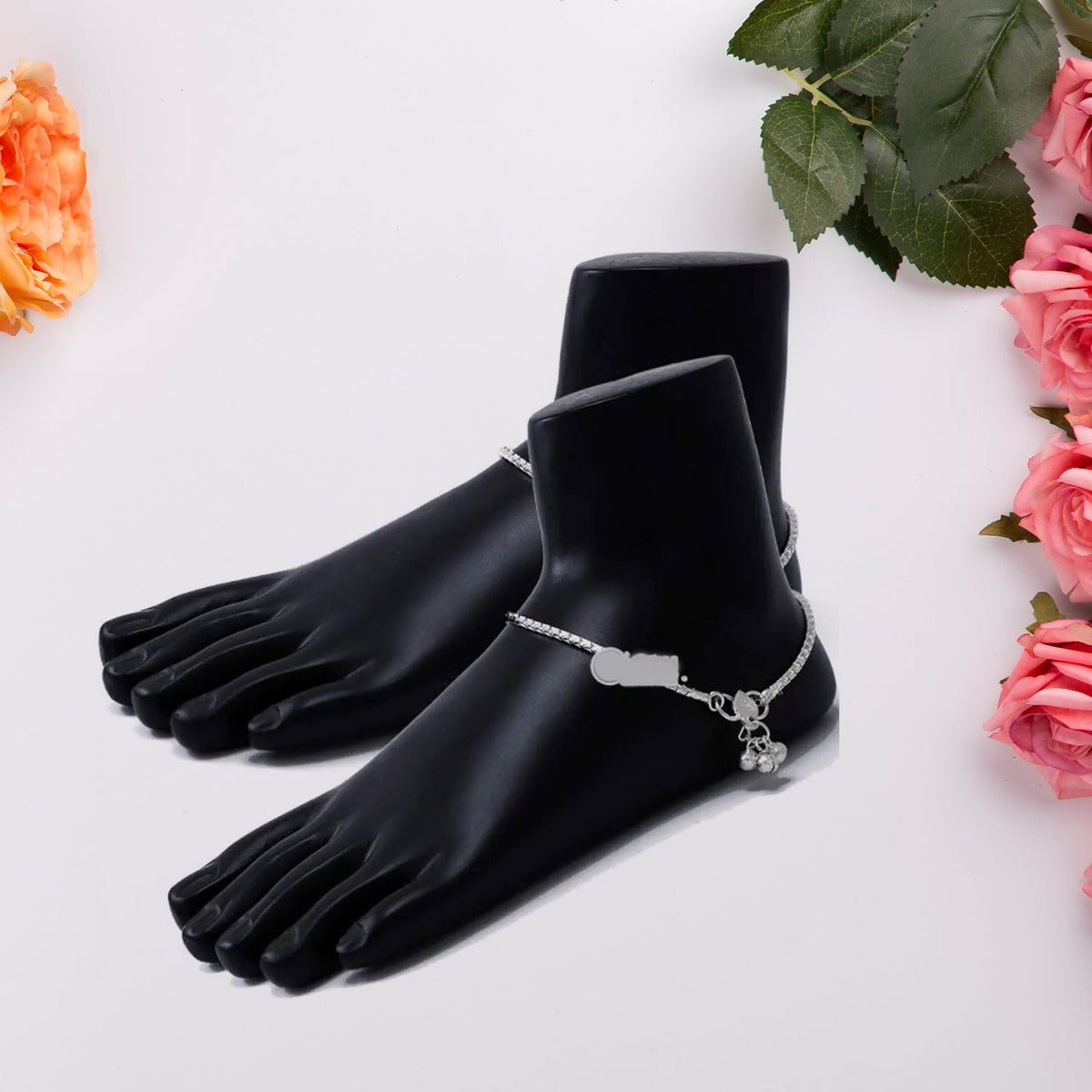 Front view of premium black foot mannequin display stand pair showcasing jewellery Main image