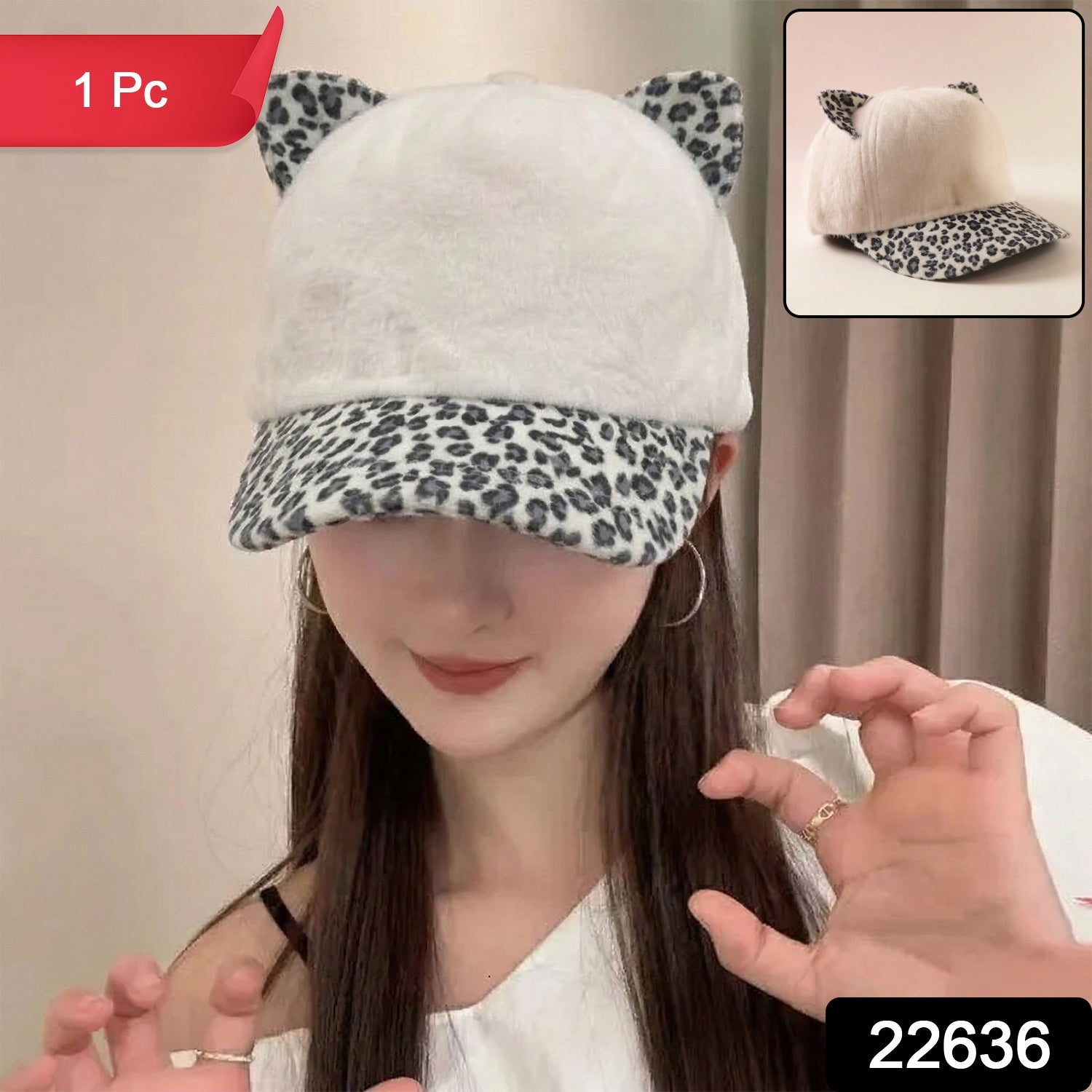 Cat Ear Fur Cap – Trendy Winter Headwear with Printed Visor Secondary image