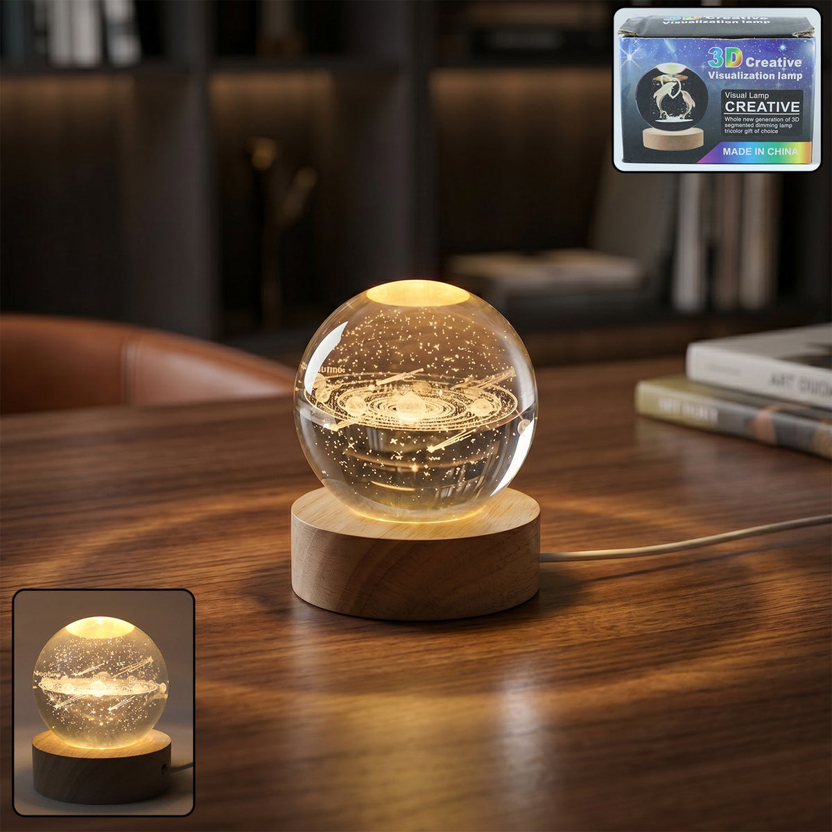 3D Astronomy Crystal Ball Lamp glowing softly on a wooden base. Main image