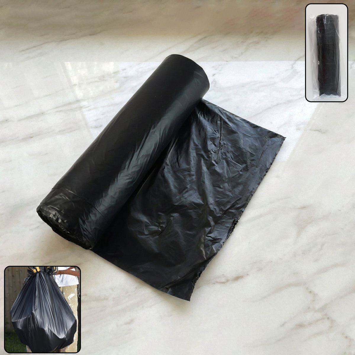 Heavy-duty black garbage bag roll, ideal for home waste disposal. Main image