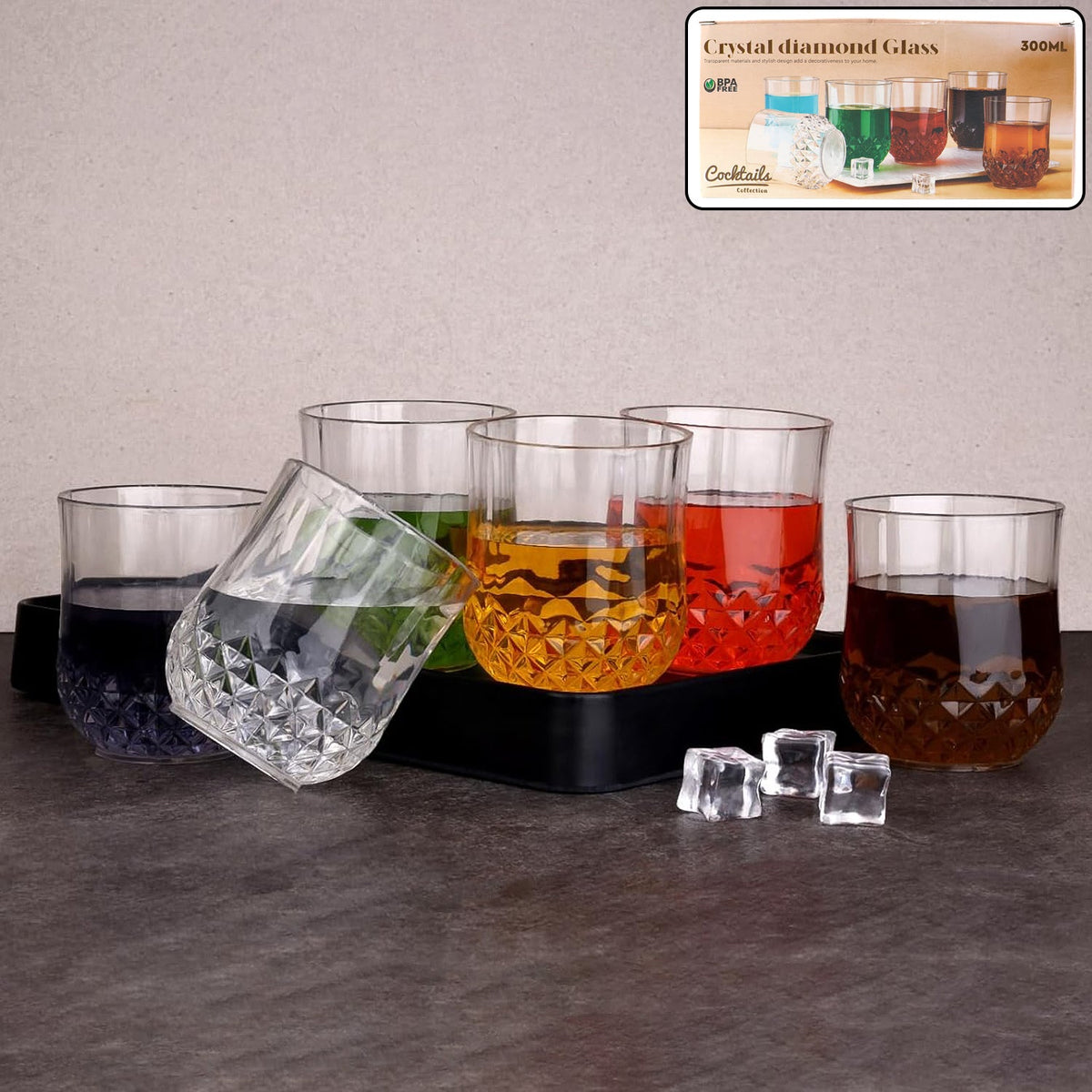 Diamond-pattern transparent drinking glass set showing crystal-look tumblers Main image
