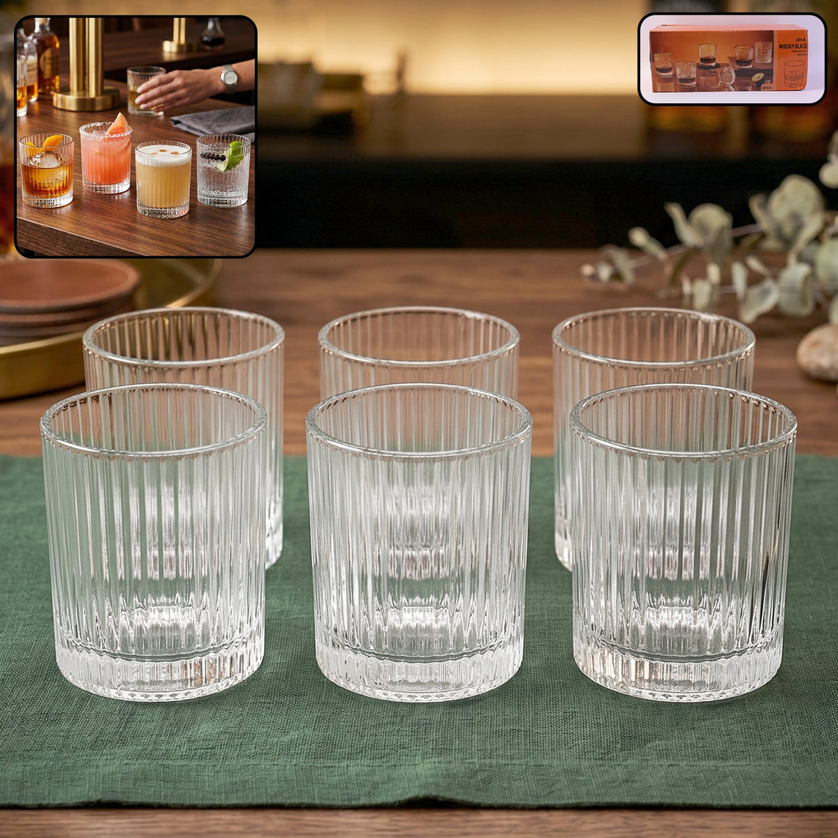 Set of six ribbed crystal glass tumblers for elegant serving Main image