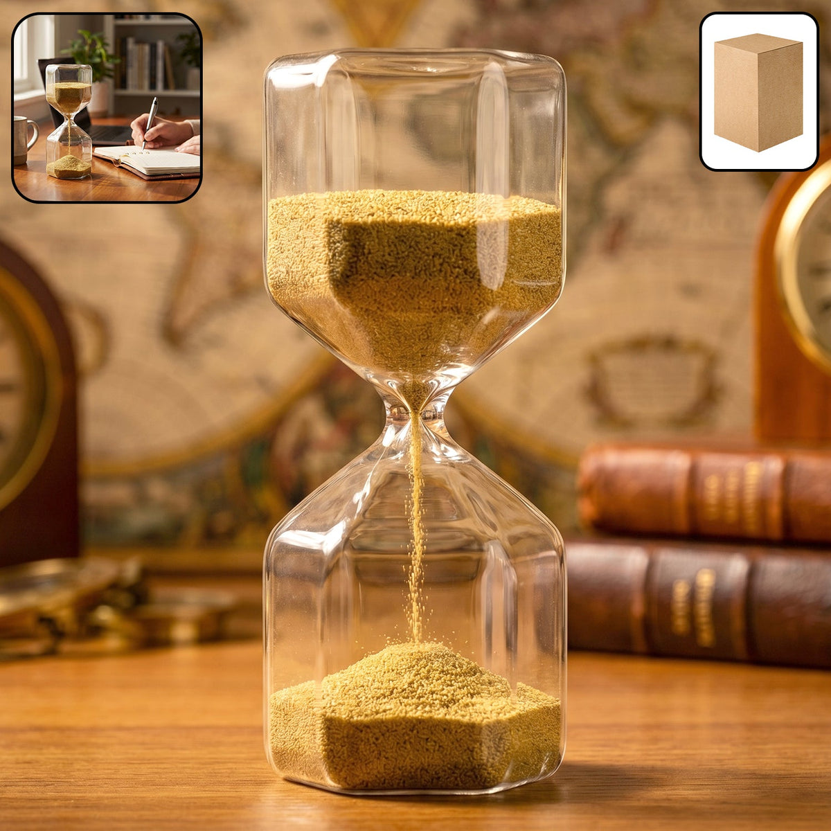 Elegant 4-minute glass sand timer hourglass with yellow sand on a desk. Main image