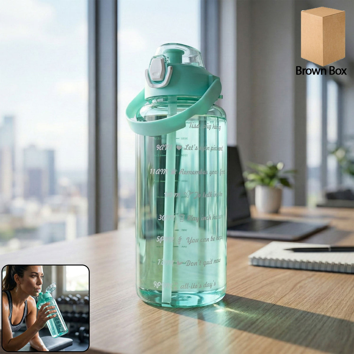 2 litre leakproof sports water bottle with green flip cap and straw Main image