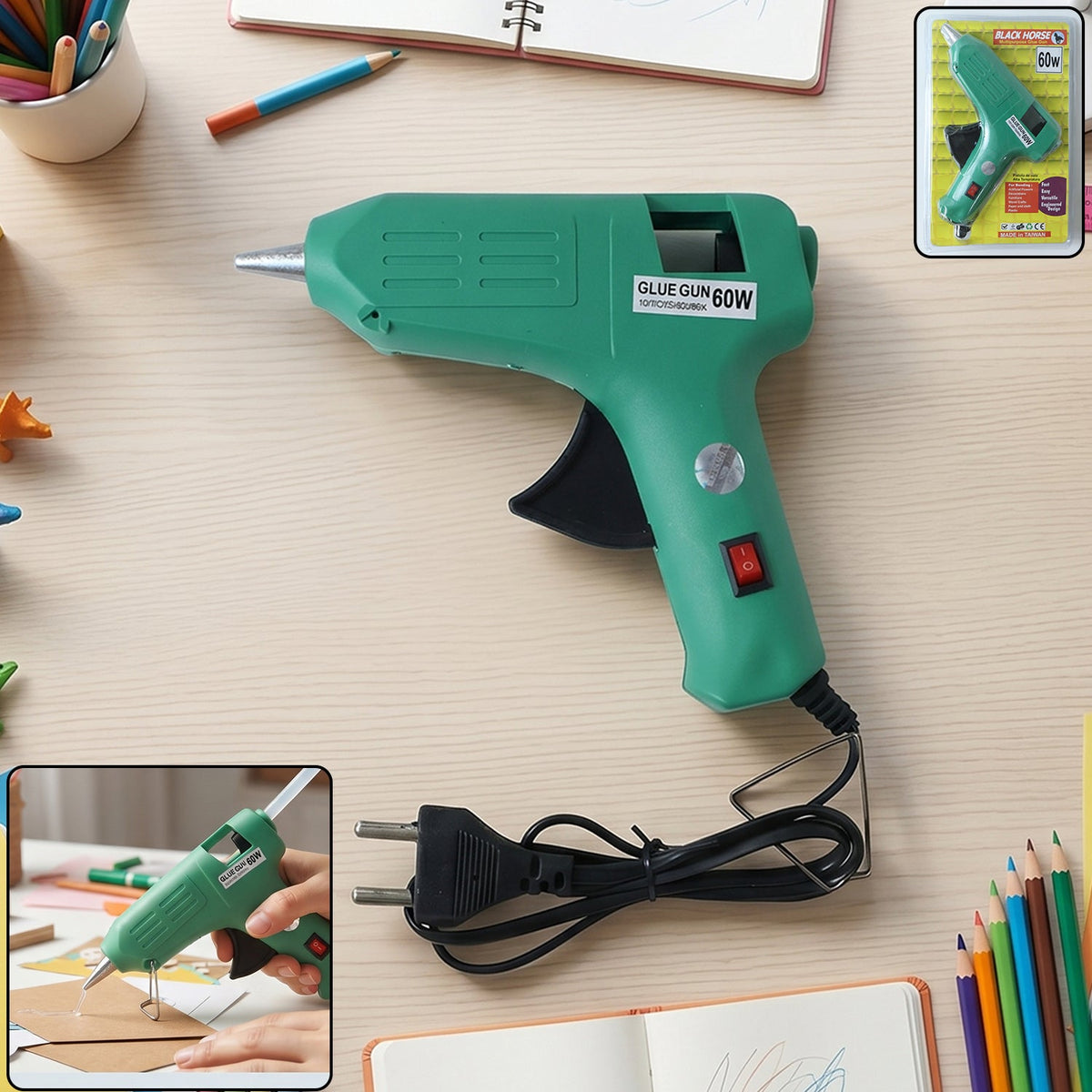 Green 60 Watt hot melt glue gun with its stand on a white background, ready for crafting. Main image