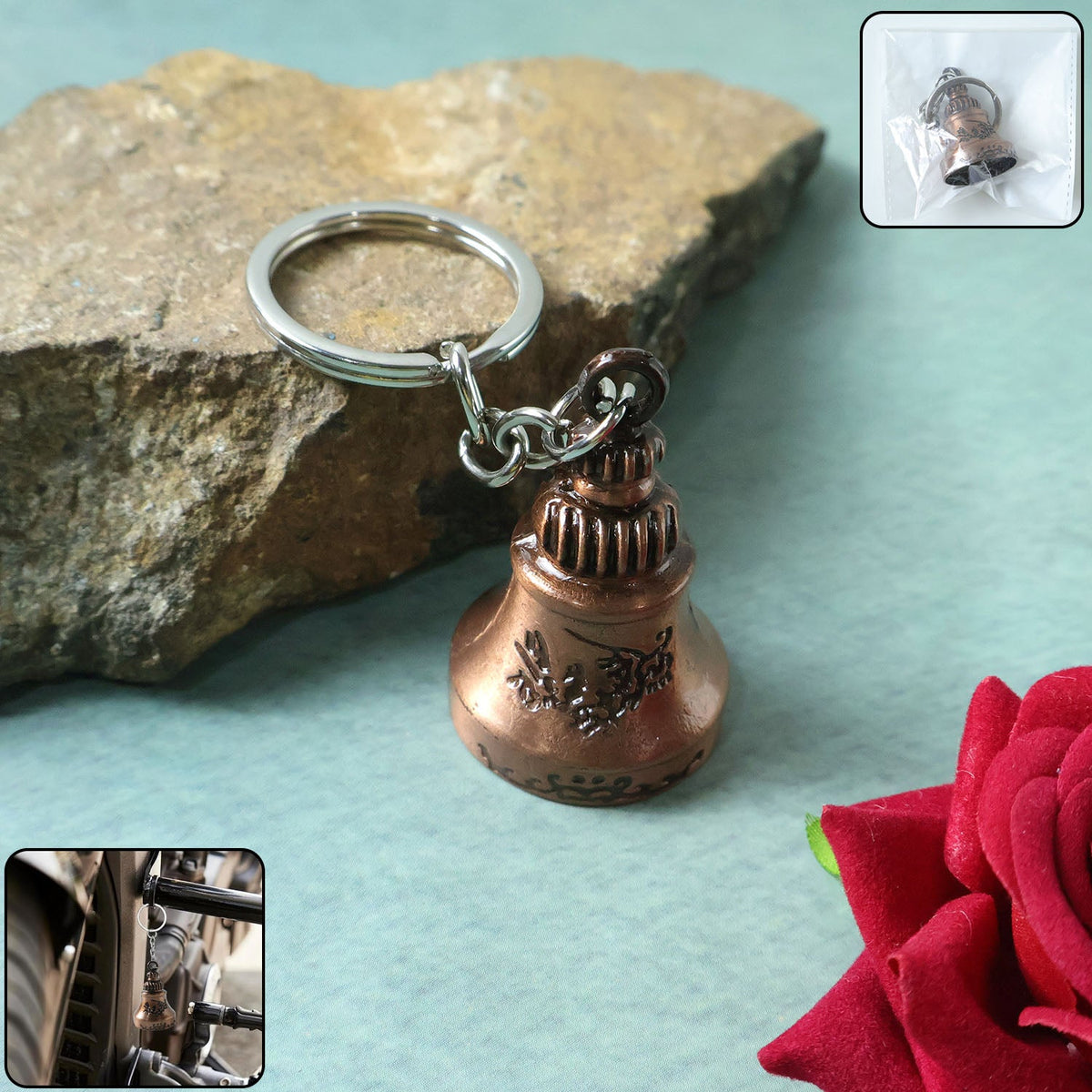 Bell shape mini metal keychain with decorative engraving Main image
