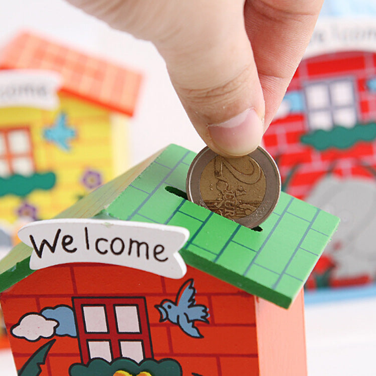 Front view of the wooden piggy bank, shaped like a charming cartoon house. Main image