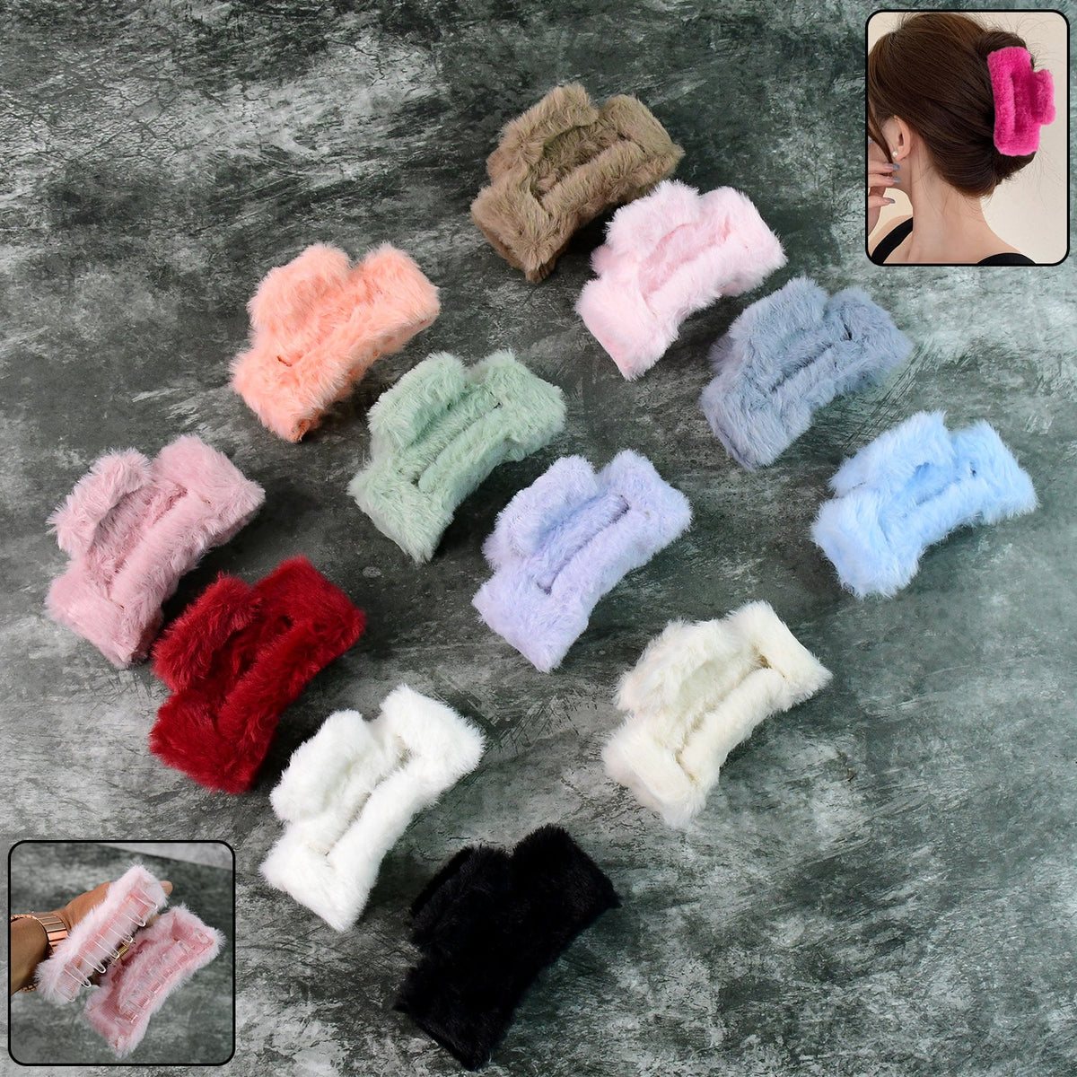 Set of 12 big-size soft faux fur hair claw clips in assorted colors Main image