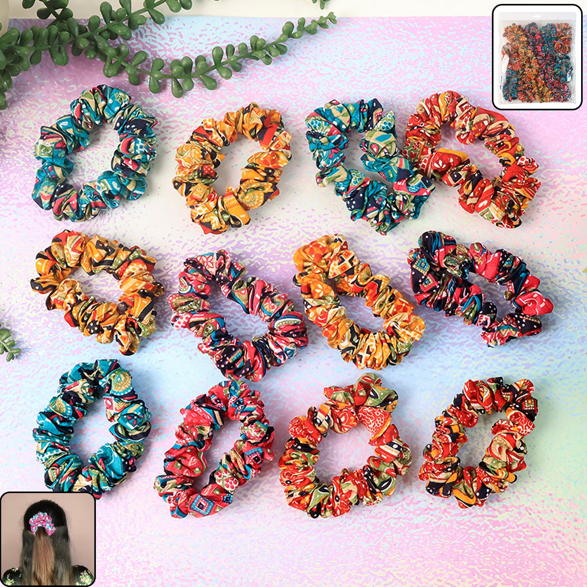 Set of 12 printed fabric hair scrunchies with various vibrant patterns Main image