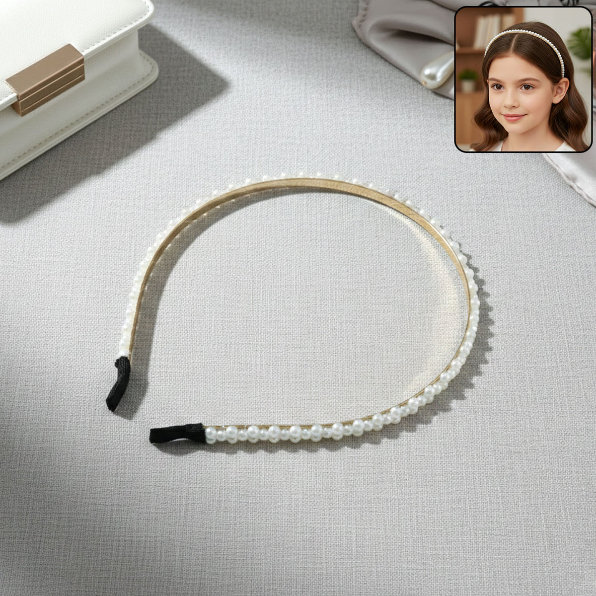 Pearl beaded slim golden metal hair band on white background Main image