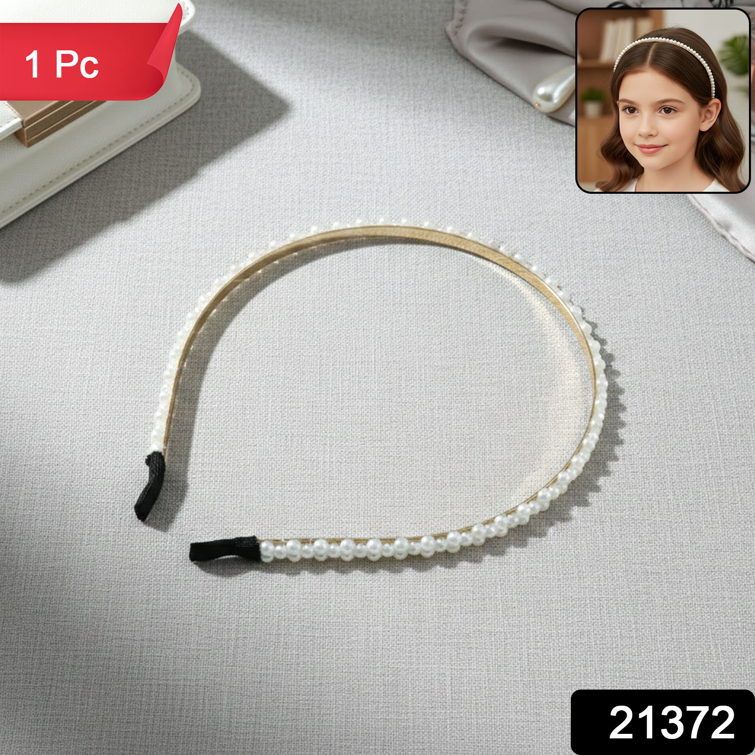 Pearl Beaded Hair Band – Elegant Slim Golden Metal Headband Secondary image