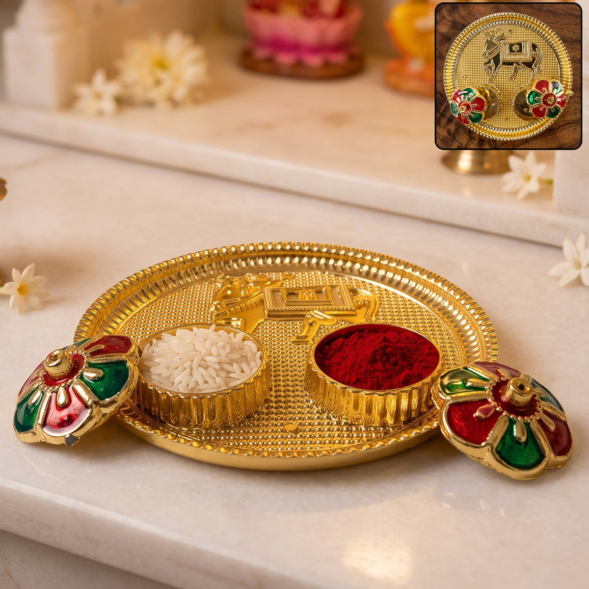 Cow design kankavati kumkum holder, golden pooja thali with compartments (1 pc) Main image