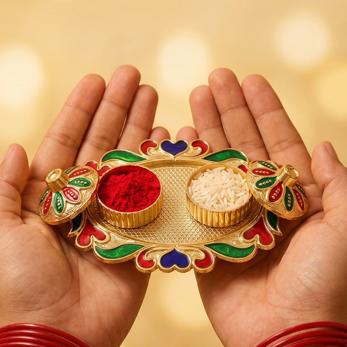 Decorative kankavati kumkum holder, golden enamel pooja thali with bowls (1 pc) Main image