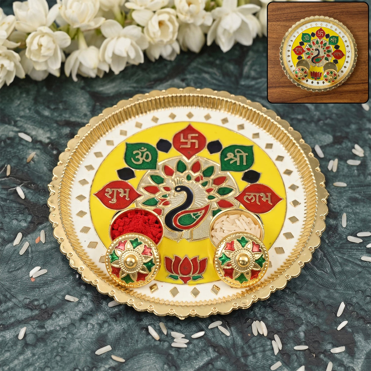 Big decorative pooja thali, golden meenakari puja plate with kumkum bowls (1 pc) Main image