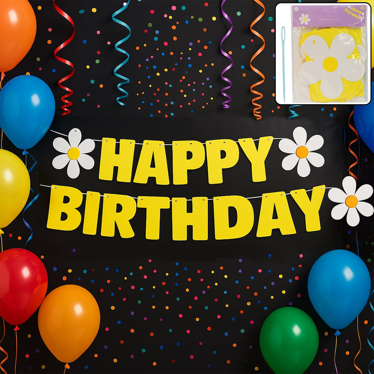 Birthday banner set with vibrant floral letters for party decoration Main image
