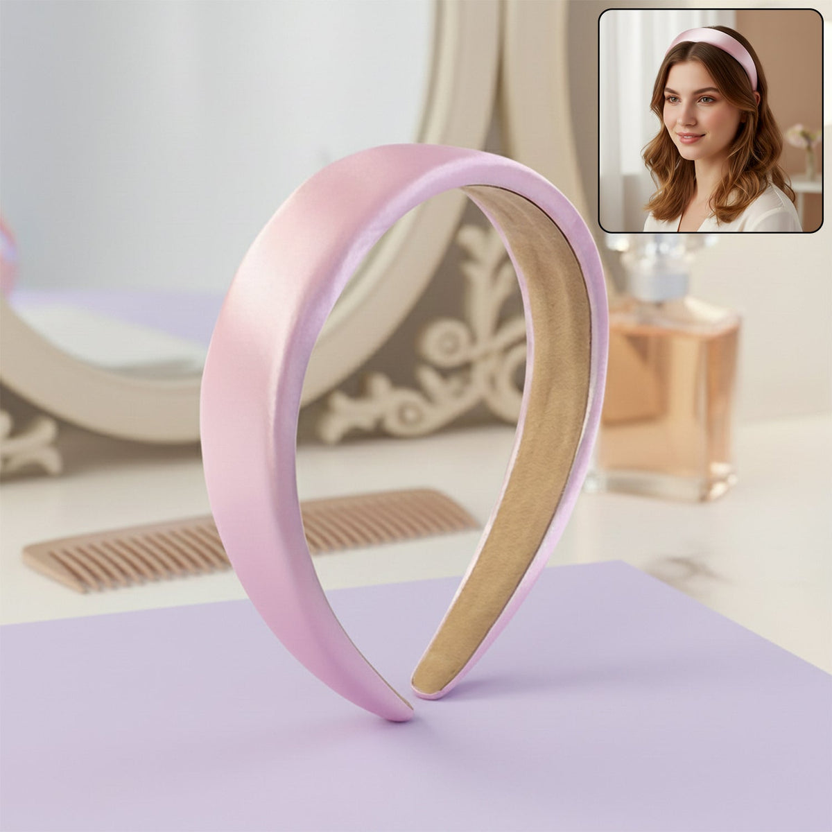 Woman wearing a padded satin hairband styled with flowing curls Main image
