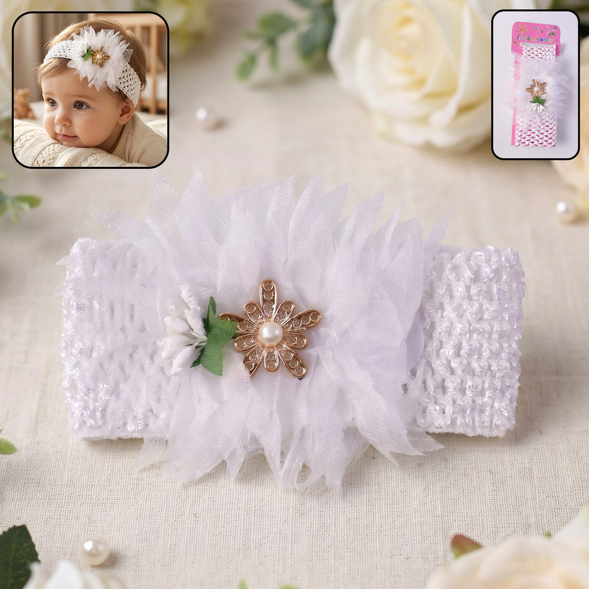 Baby girl headband with floral bow design, soft elastic for comfort Main image