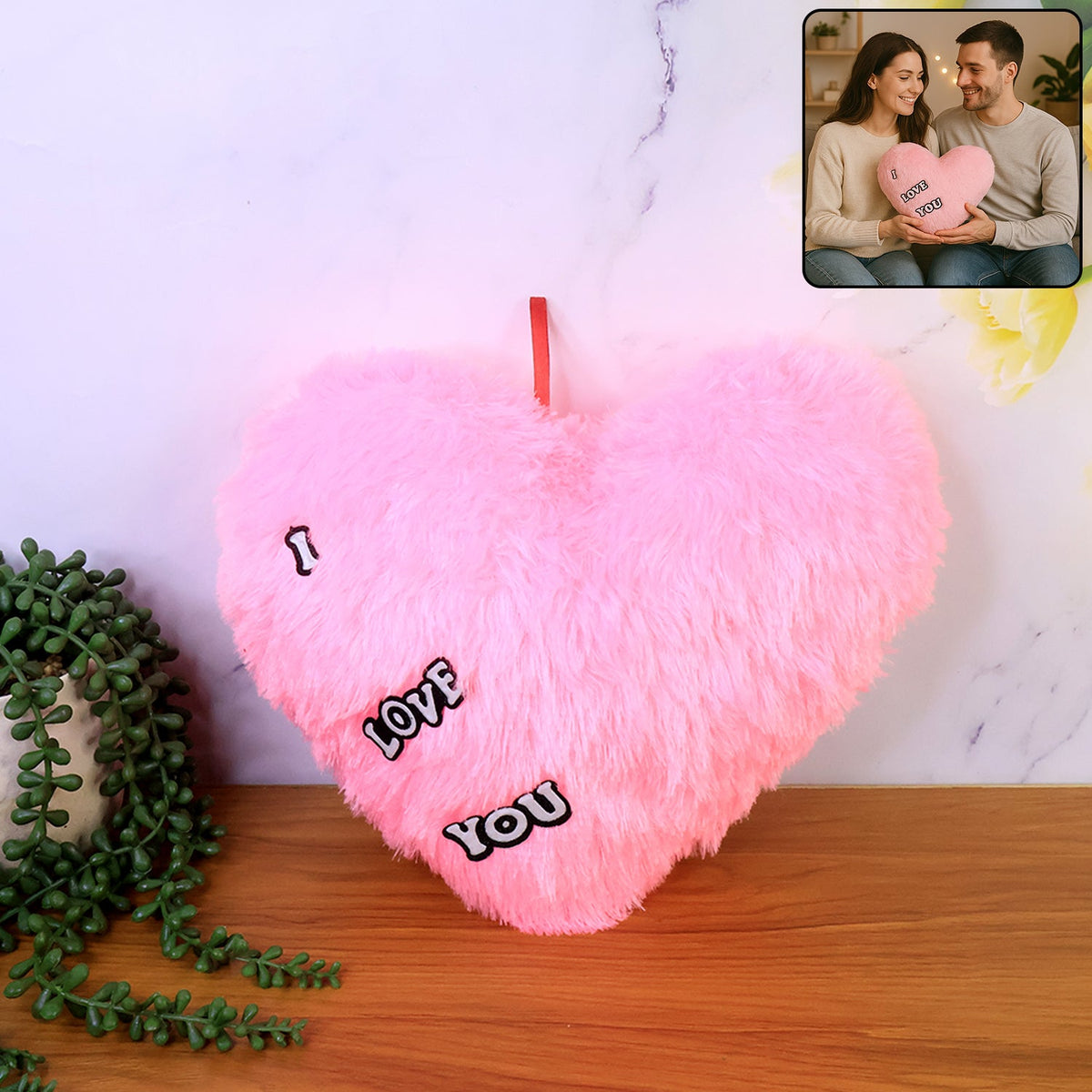 Soft heart shape plush cushion with embroidered I Love You message Main image