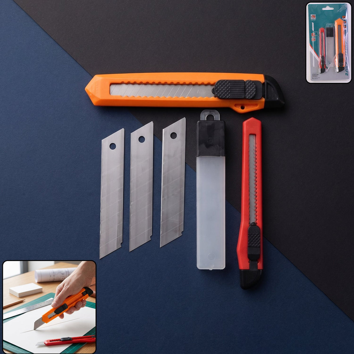 Professional utility knife cutter set with extra snap off blades (1 set) Main image