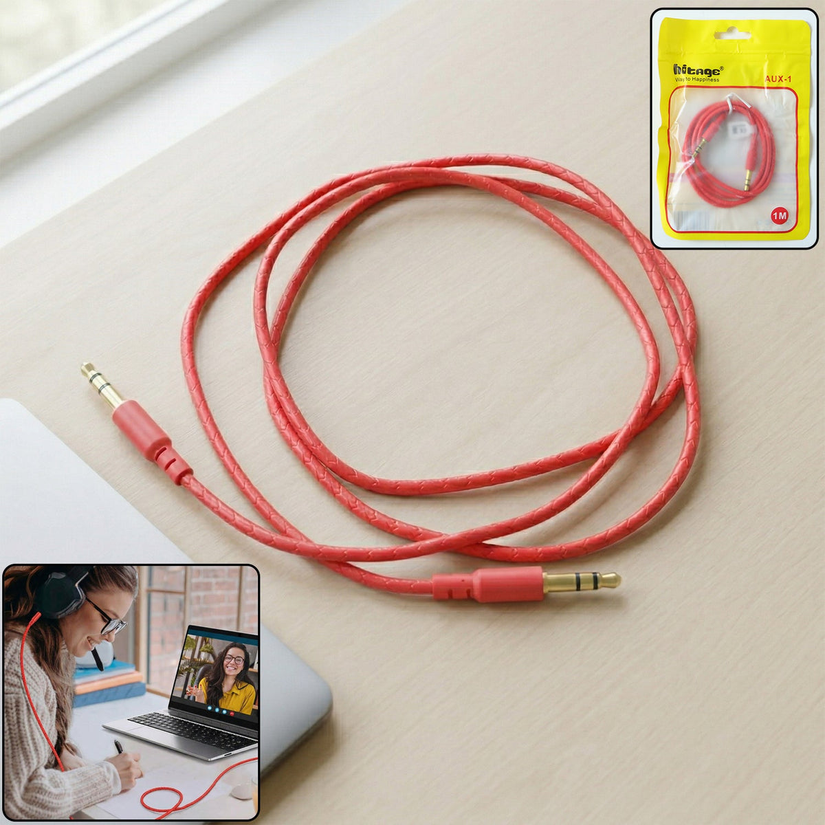 3.5mm AUX audio cable 1 meter for connecting mobile phones, speakers, and laptops Main image