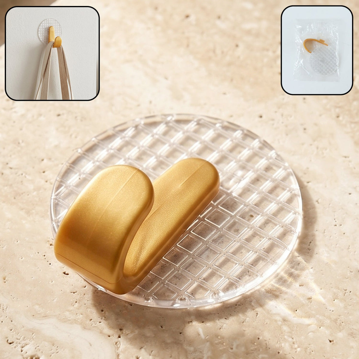 View of a transparent self adhesive wall hook installed in a bathroom for towels and accessories Main image