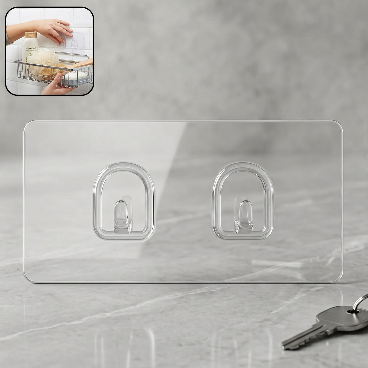 Transparent self-adhesive double wall hook on smooth surface Main image