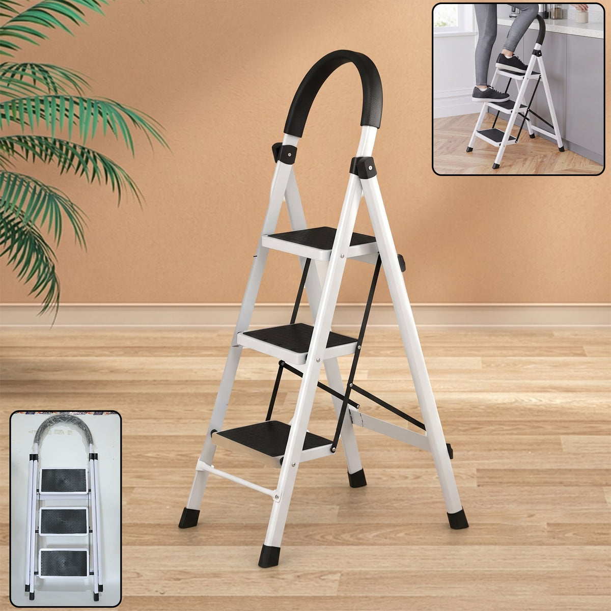 3 step folding ladder with padded handrail and anti slip steel steps (1 pc) Main image