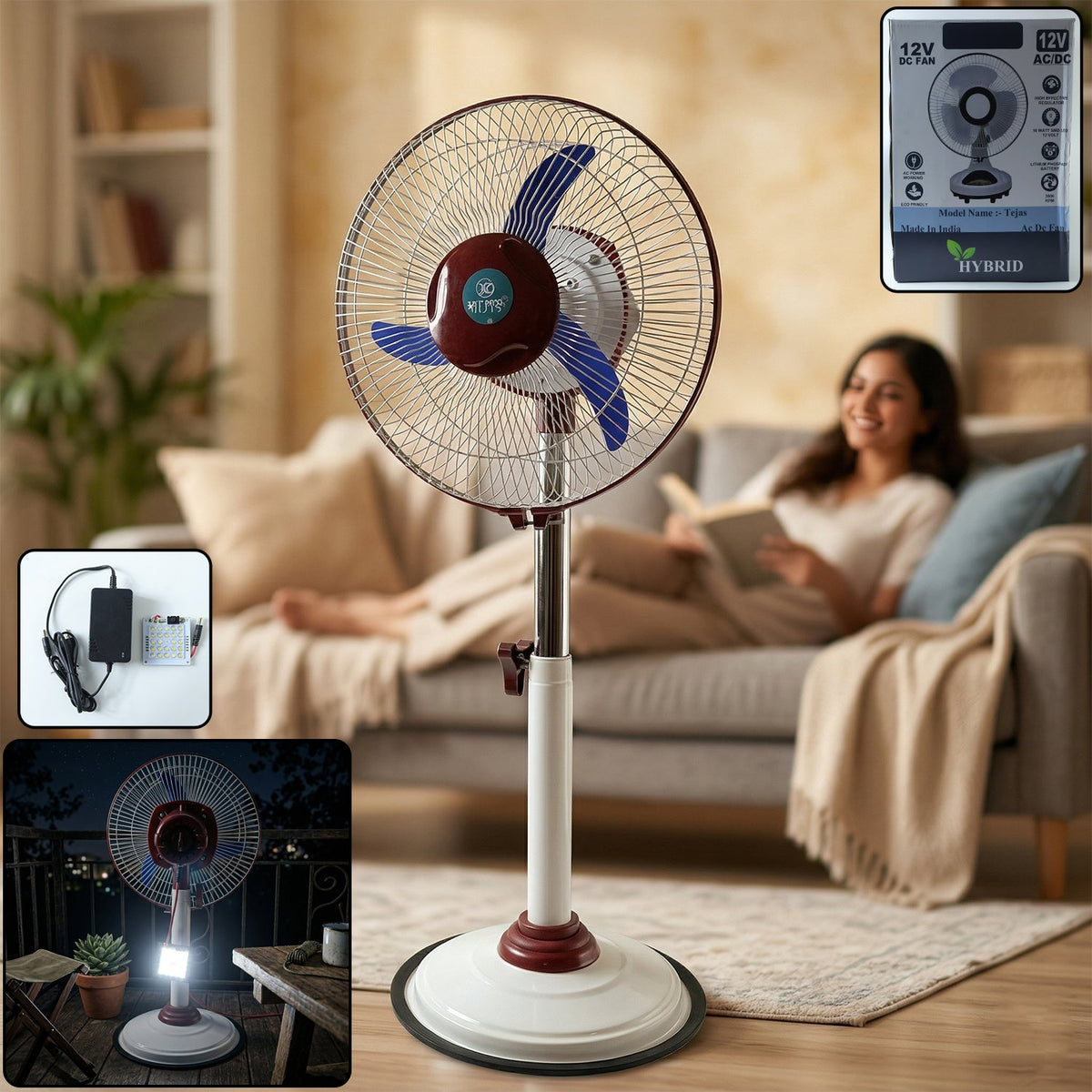 12V rechargeable pedestal fan with LED light for home and office Main image