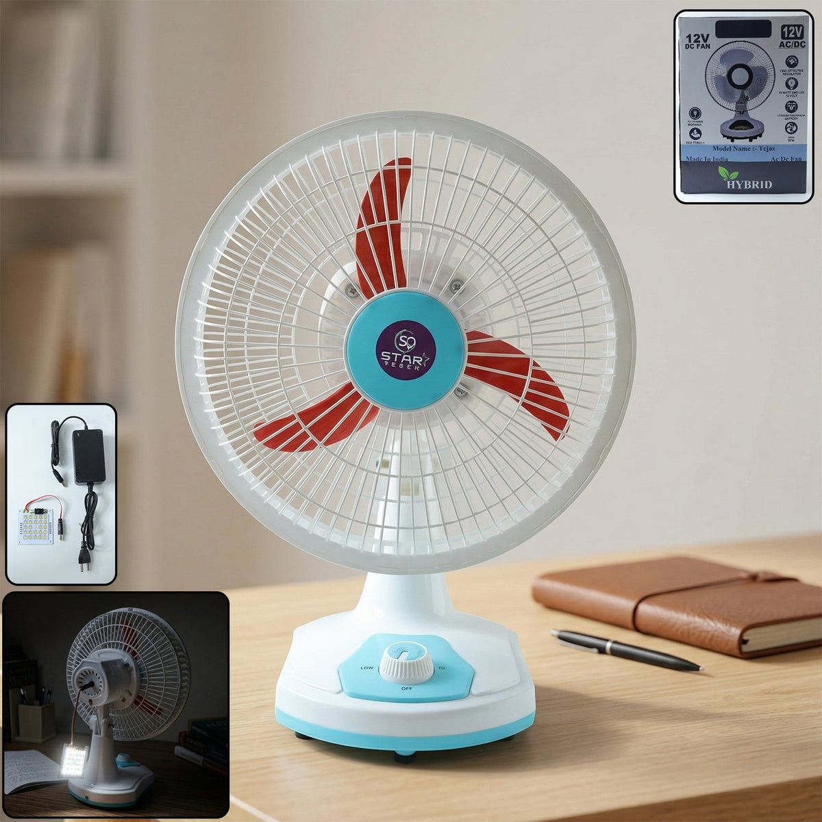 Portable rechargeable table fan with LED light and dual power options Main image
