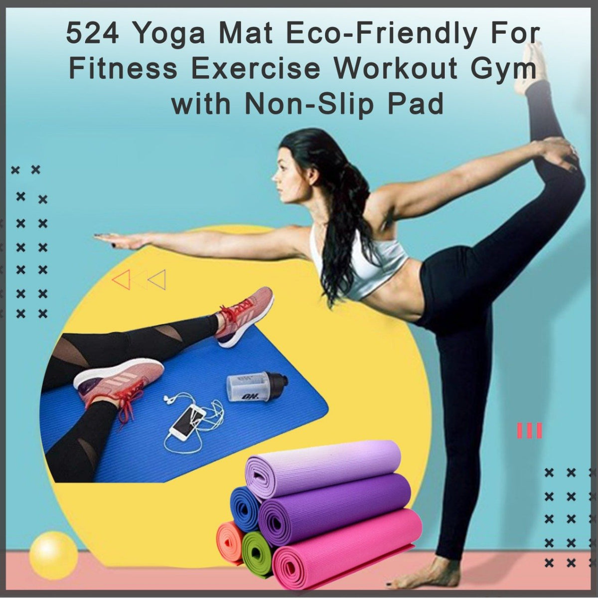 Eco-Friendly Yoga Mat unrolled on a wooden floor, ready for exercise. Main image
