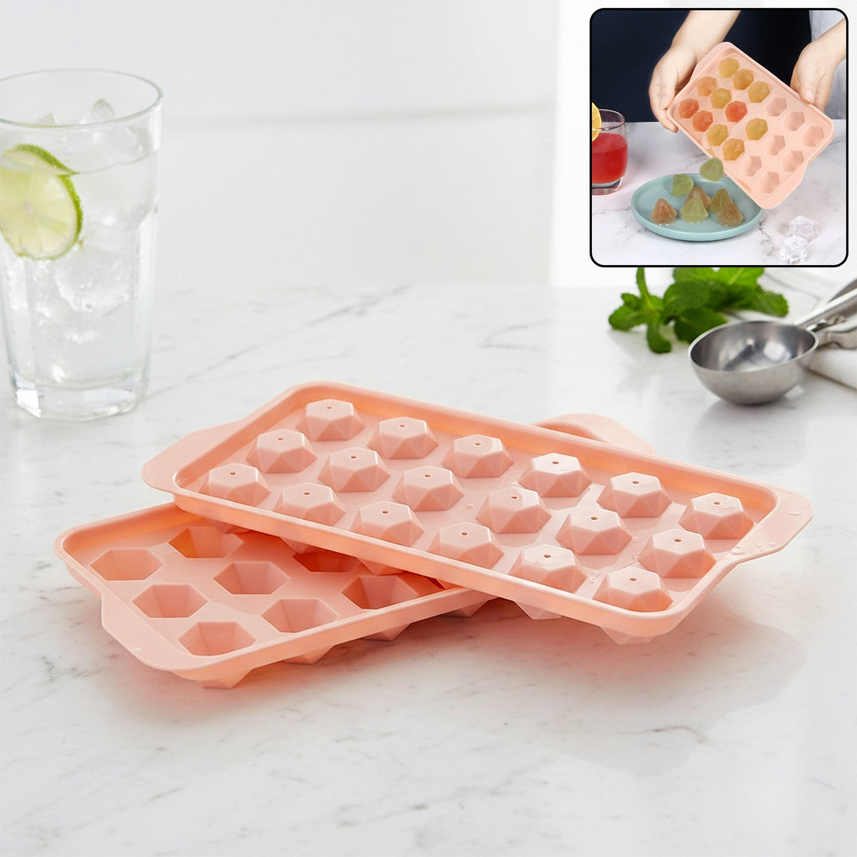 Plastic ice cube tray with eighteen diamond-shaped cavities for making ice cubes Main image
