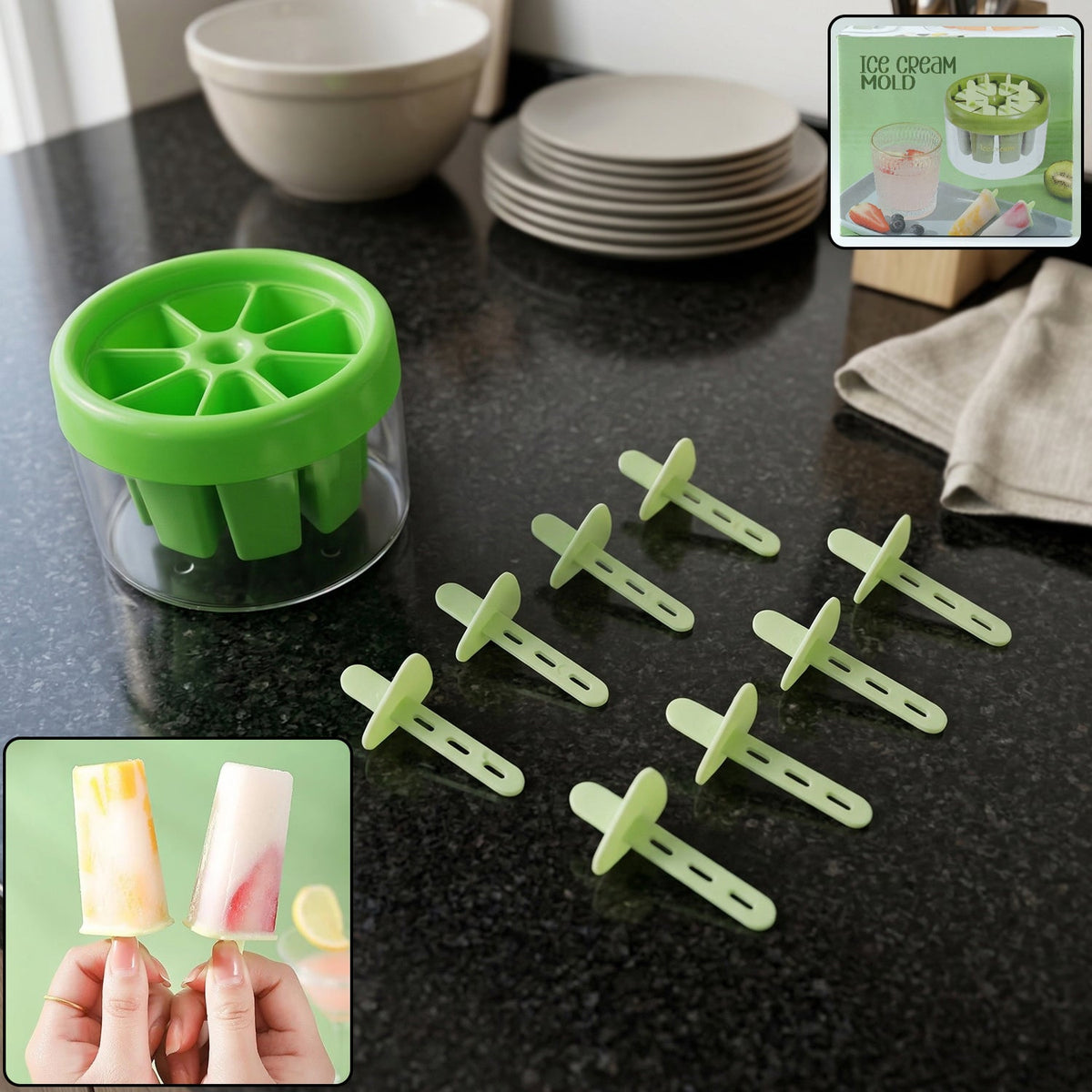Plastic ice candy mold set with 8 slots for homemade popsicles Main image