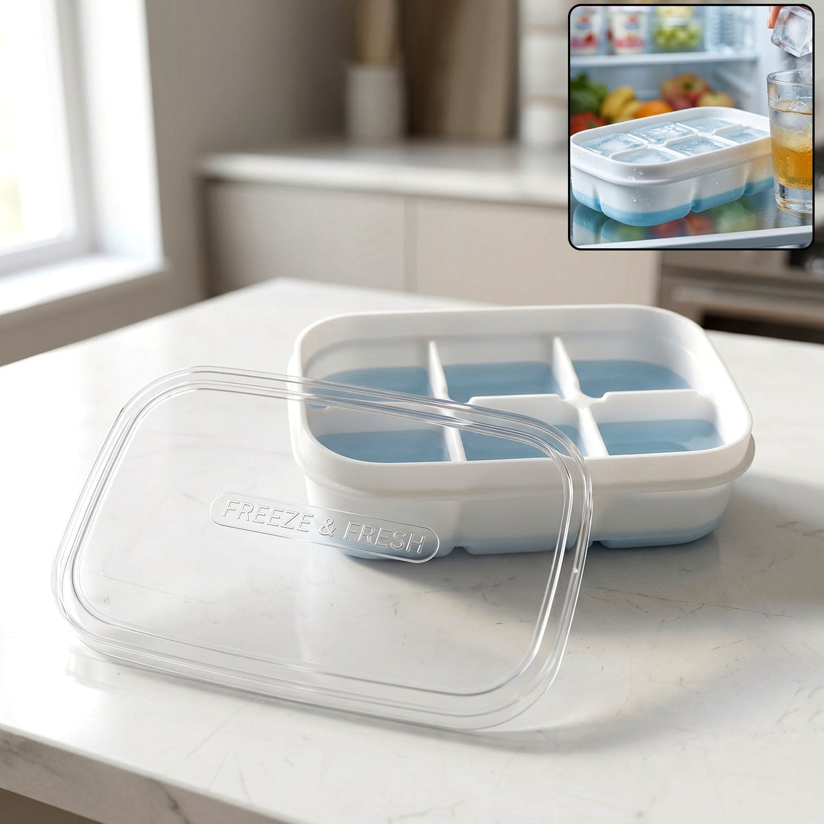 Mini plastic ice cube tray with six cavities and a clear lid for easy freezing. Main image