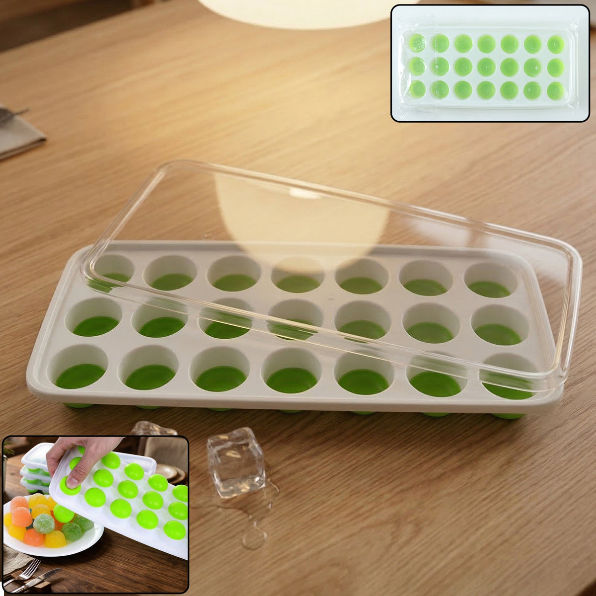 Round plastic ice cube tray with lid showing 21 compartments for making perfect ice balls. Main image