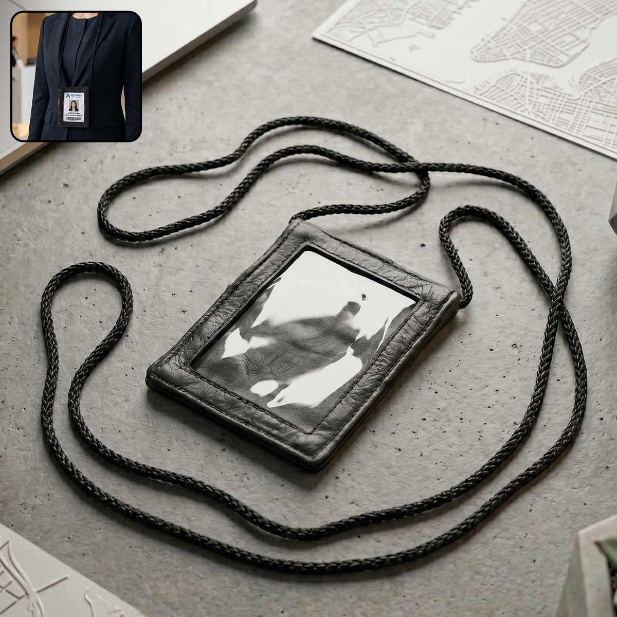 Black leather neck wallet with clear ID window and lanyard for travel and office use Main image