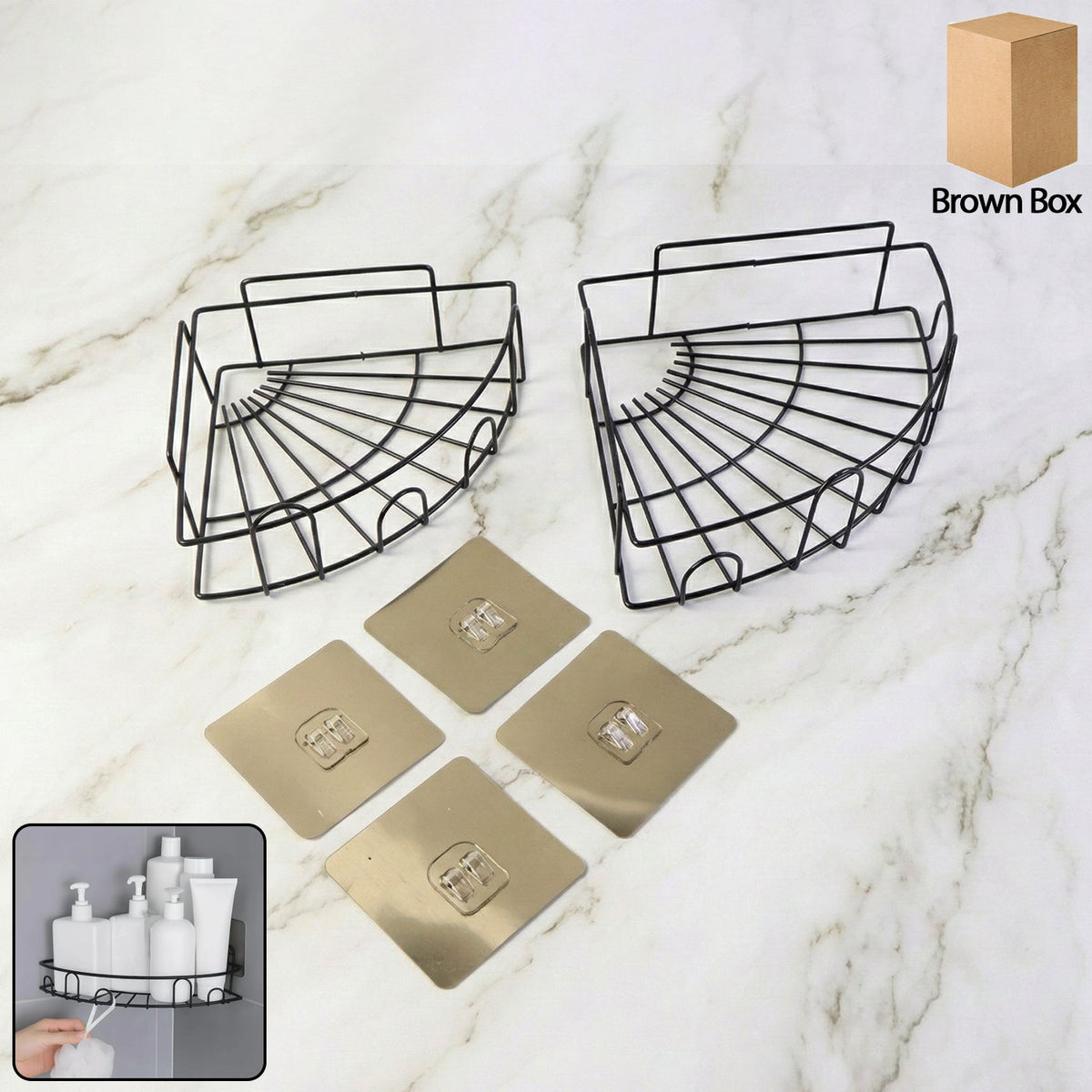 Two-piece iron shower caddy corner in a modern bathroom setting, showcasing ample storage. Main image