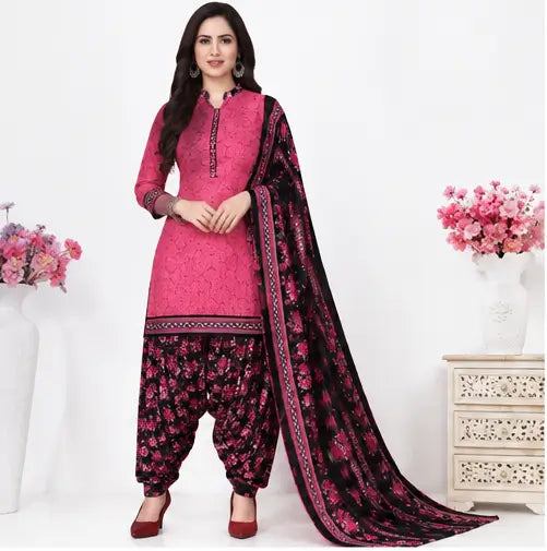 Women's Printed Crepe Suit Dress Material with Chiffon Dupatta – Unstitched 3-Piece Ethnic Suit Set