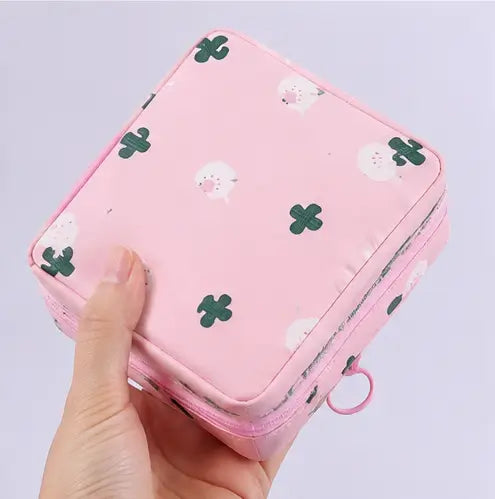 Small Multipurpose Pouch for Women & Girls – Printed Zipper Organizer Bag for Sanitary Pads, Makeup, Cables & Accessories