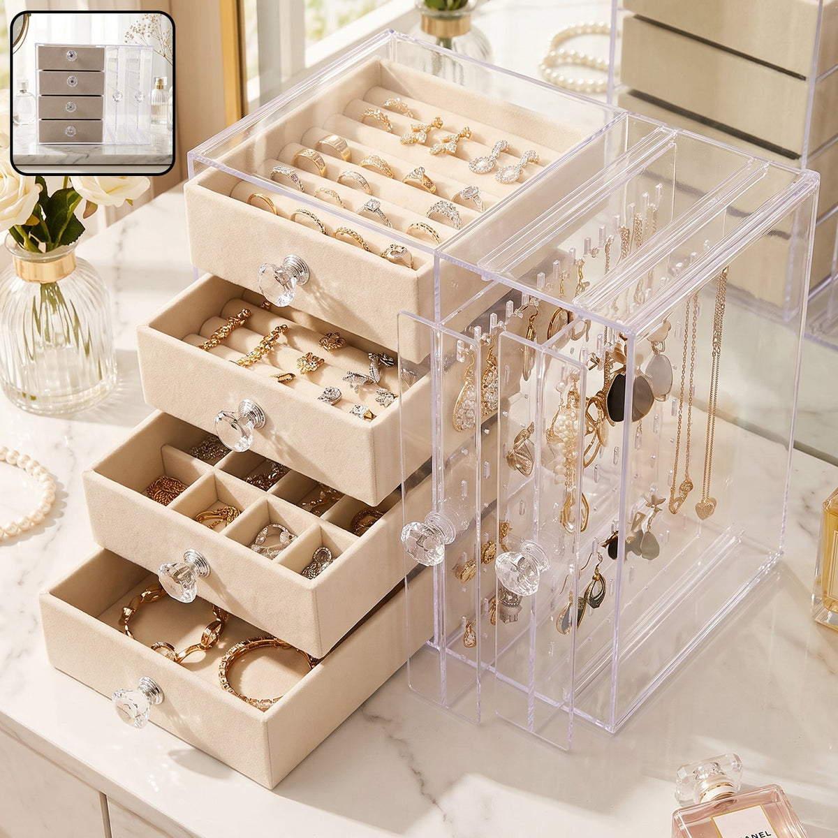 Acrylic jewelry organizer box with multi drawer velvet storage for rings (1 set) Main image